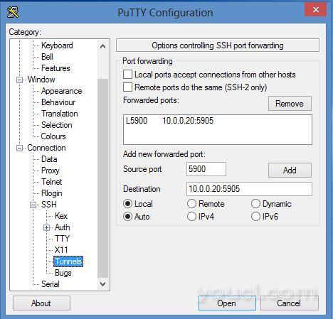 PuTTY配置中的SSH隧道