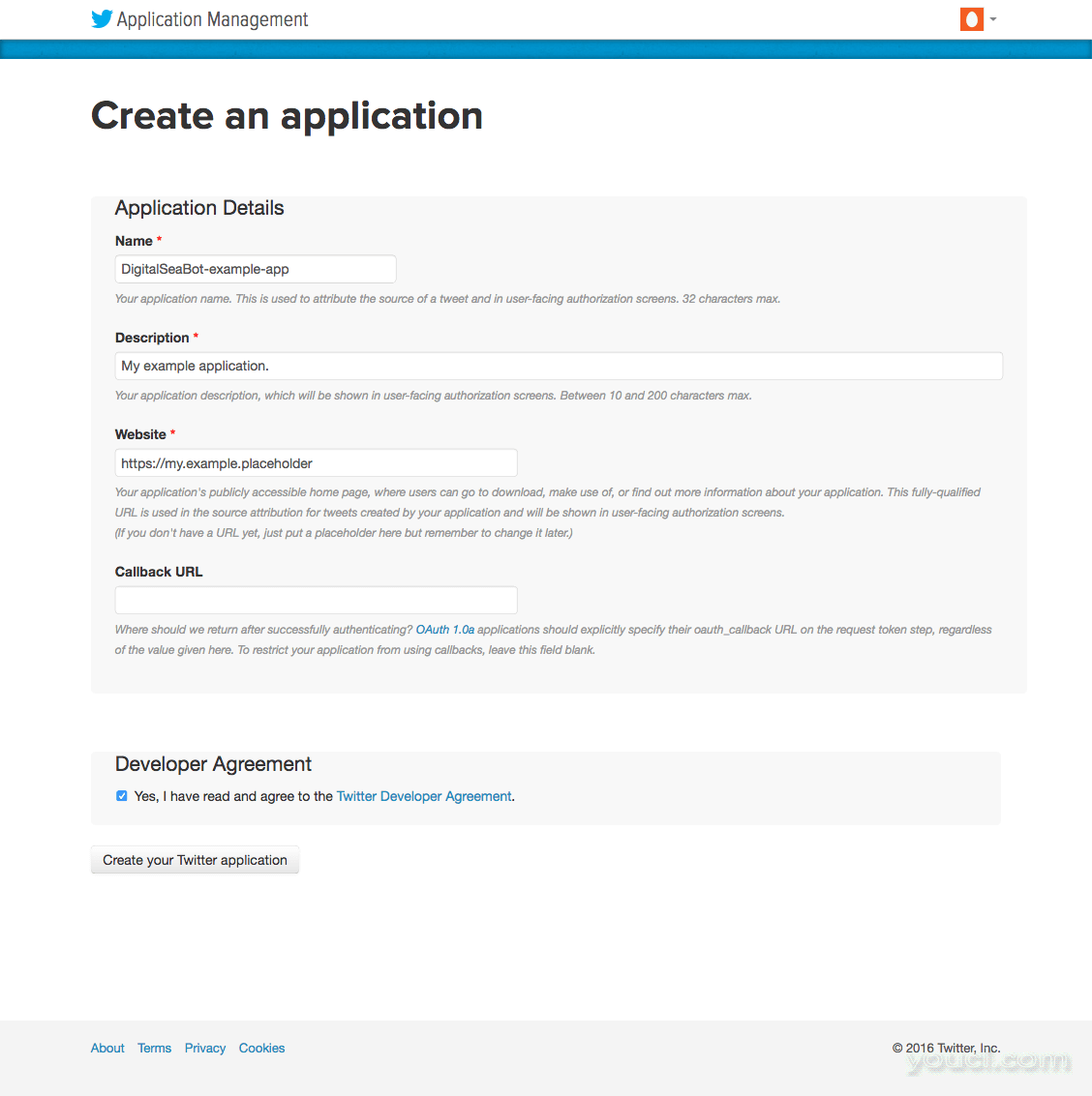 填写Twitter应用程序详细信息