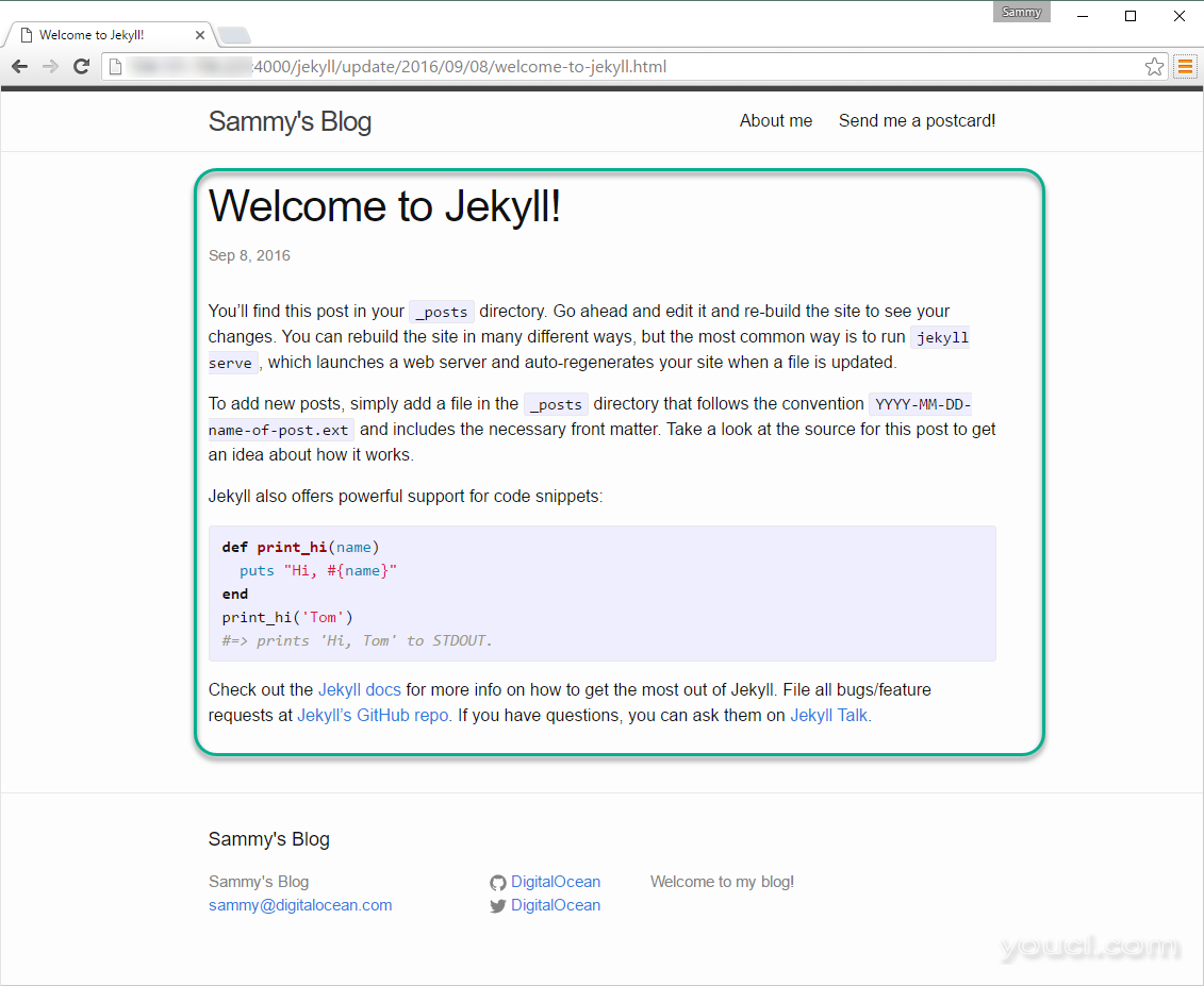 欢迎来到Jekyll帖子的屏幕截图，主要内容区域突出显示