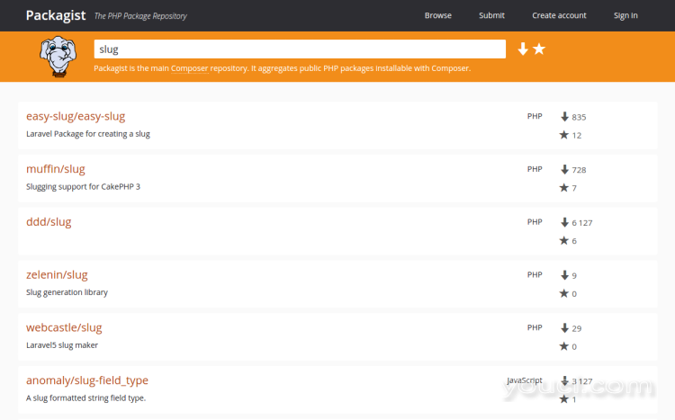 Packagist搜索：easy-slug / easy-slug，松饼/ slug，ddd / slug，zelenin / slug，webcastle / slug，anomaly / slug-field_type