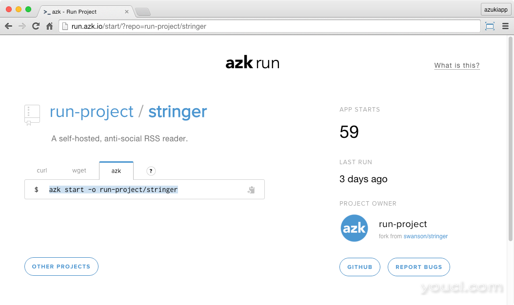 使用azk：azk start -o run-project / stringer运行Stringer应用程序的命令