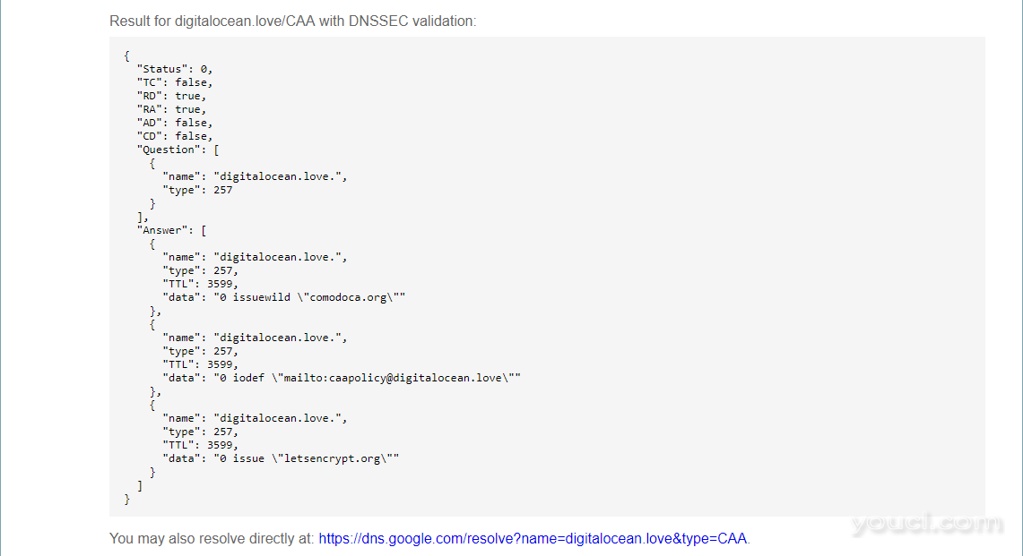我们在输出中的三个CAA记录的截图