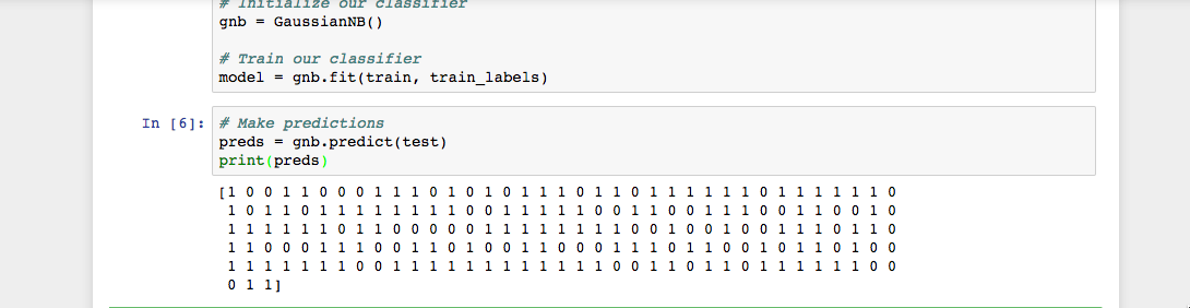 Jupyter笔记本与Python单元格，在我们的测试数据上打印朴素贝叶斯分类器的预测值