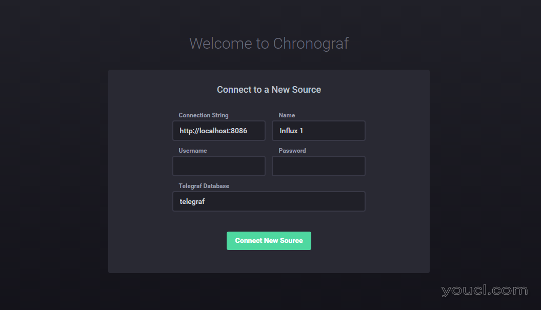 Chronograf欢迎屏幕，其中包含连接到数据源的字段