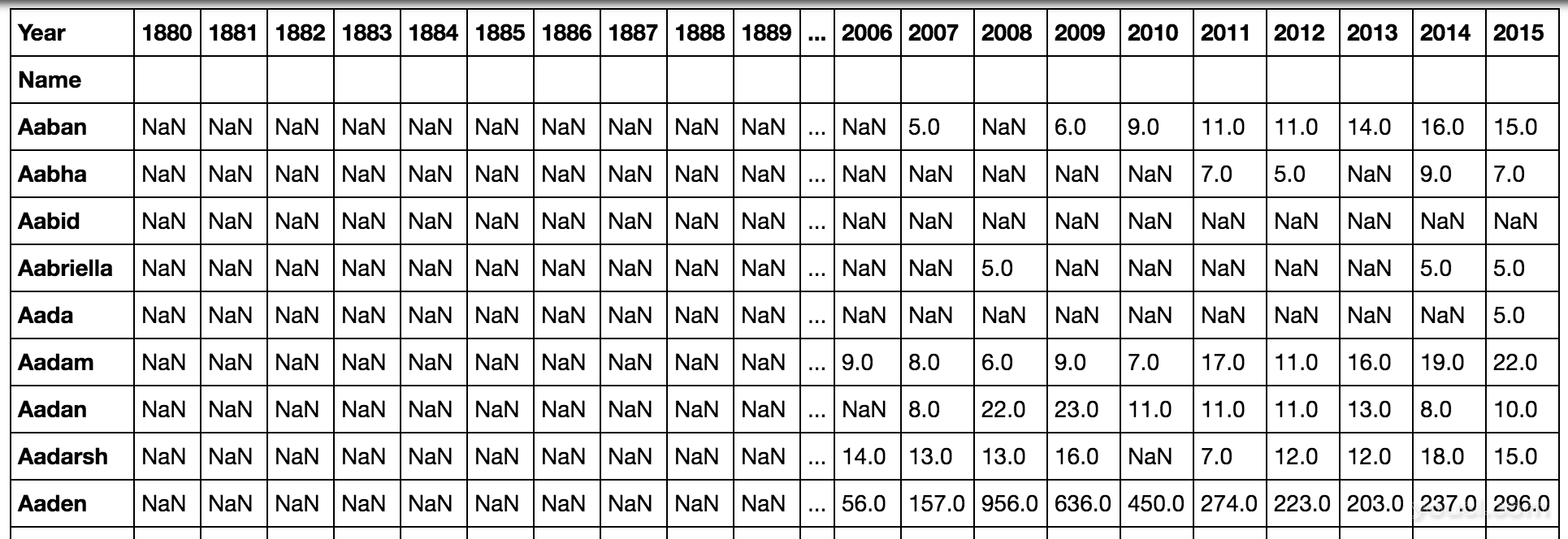 pd.pivot_table（all_names，'Babies'，'Name'，'Year'）输出