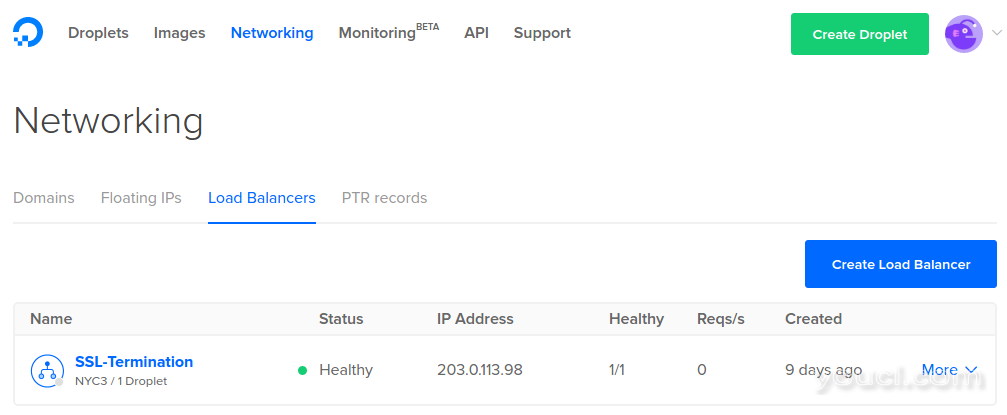 在DigitalOcean控制面板中选择负载平衡器
