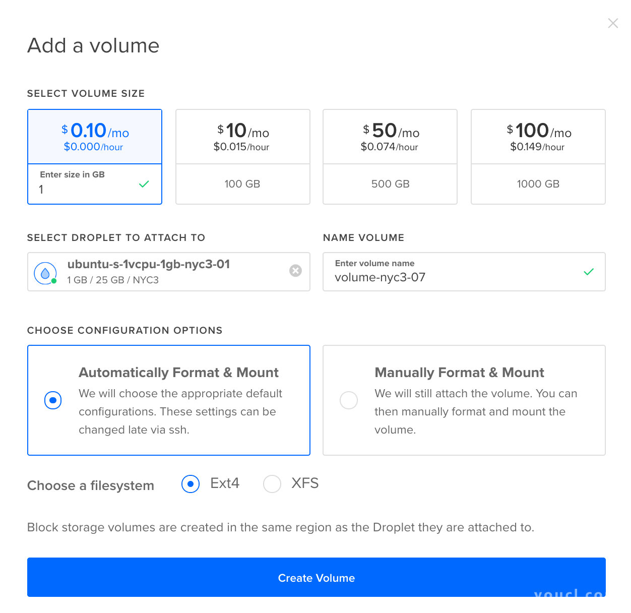 DigitalOcean控制面板设置卷的视图